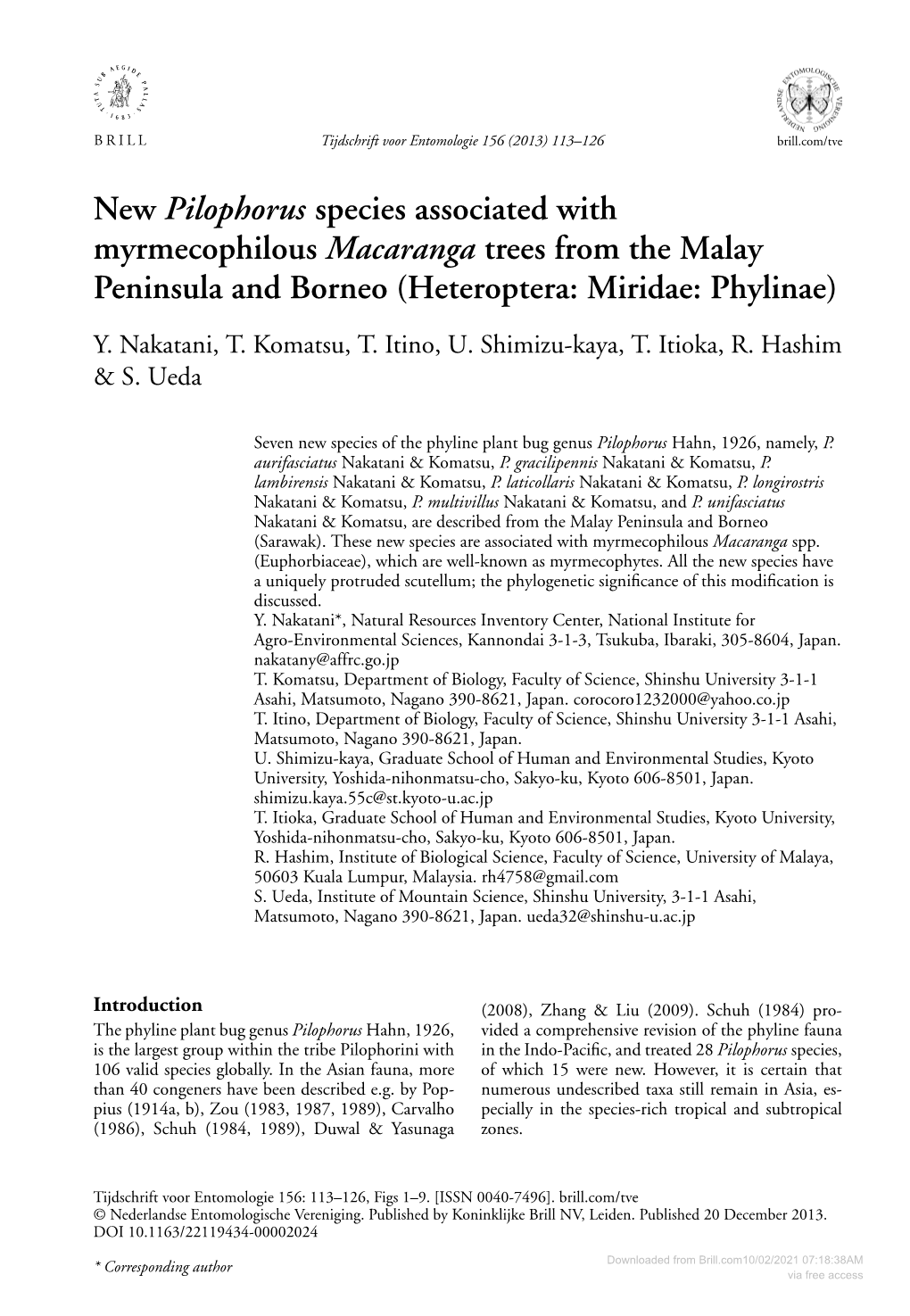 New Pilophorus Species Associated with Myrmecophilous Macaranga Trees from the Malay Peninsula and Borneo (Heteroptera: Miridae: Phylinae) Y
