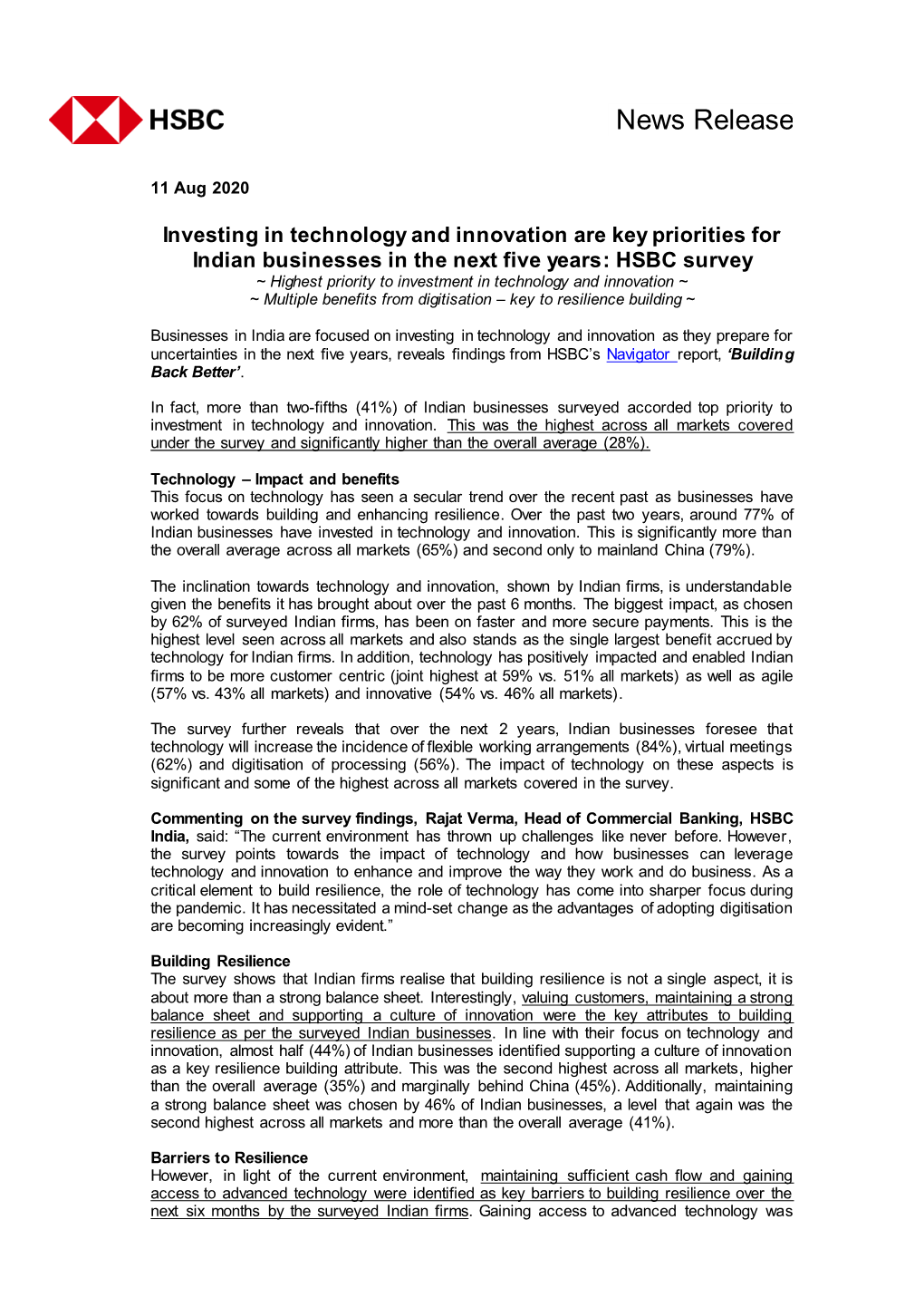 HSBC Survey ~ Highest Priority to Investment in Technology and Innovation ~ ~ Multiple Benefits from Digitisation – Key to Resilience Building ~