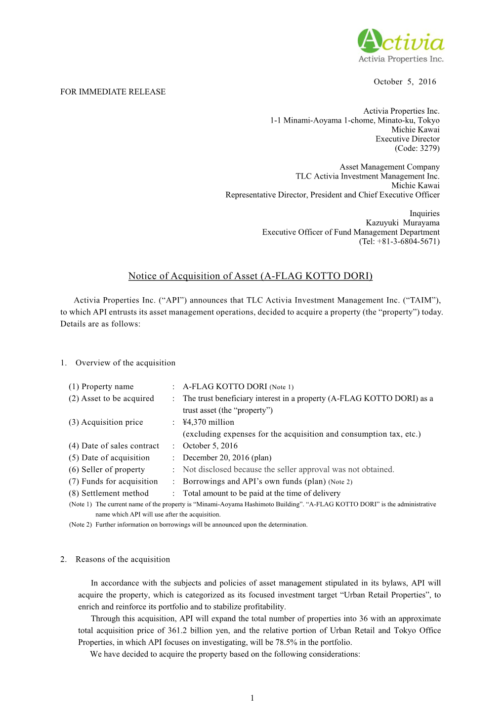 Notice of Acquisition of Asset (A-FLAG KOTTO DORI)