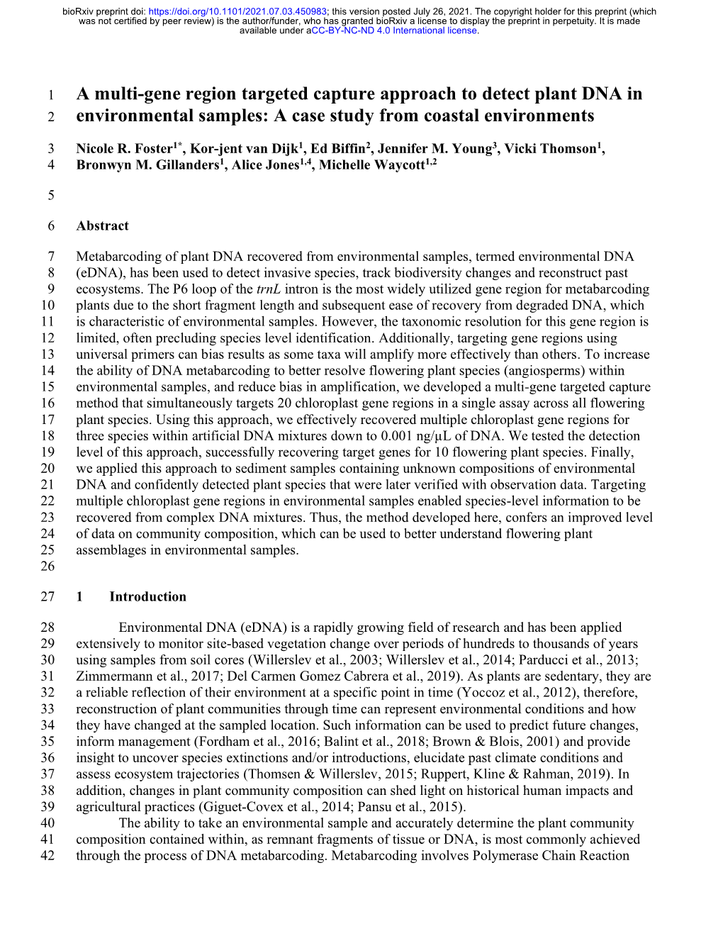 A Multi-Gene Region Targeted Capture Approach to Detect Plant DNA in Environmental Samples