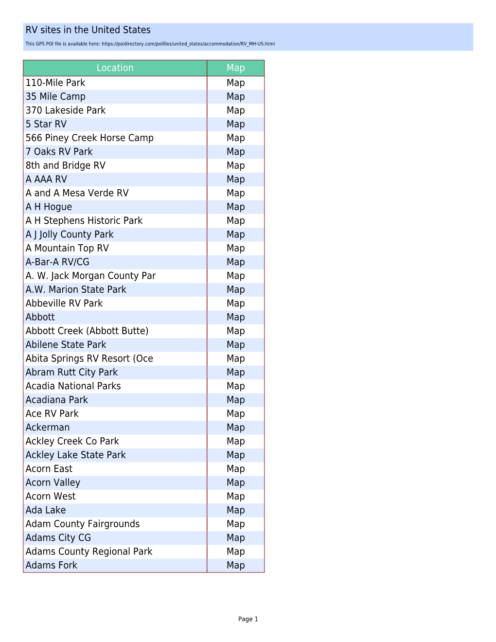 RV Sites in the United States Location Map 110-Mile Park Map 35 Mile