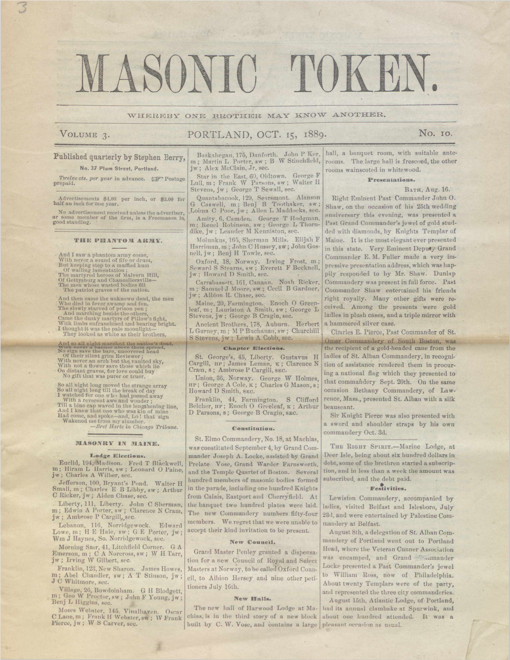 Masonic Token: October 15, 1889