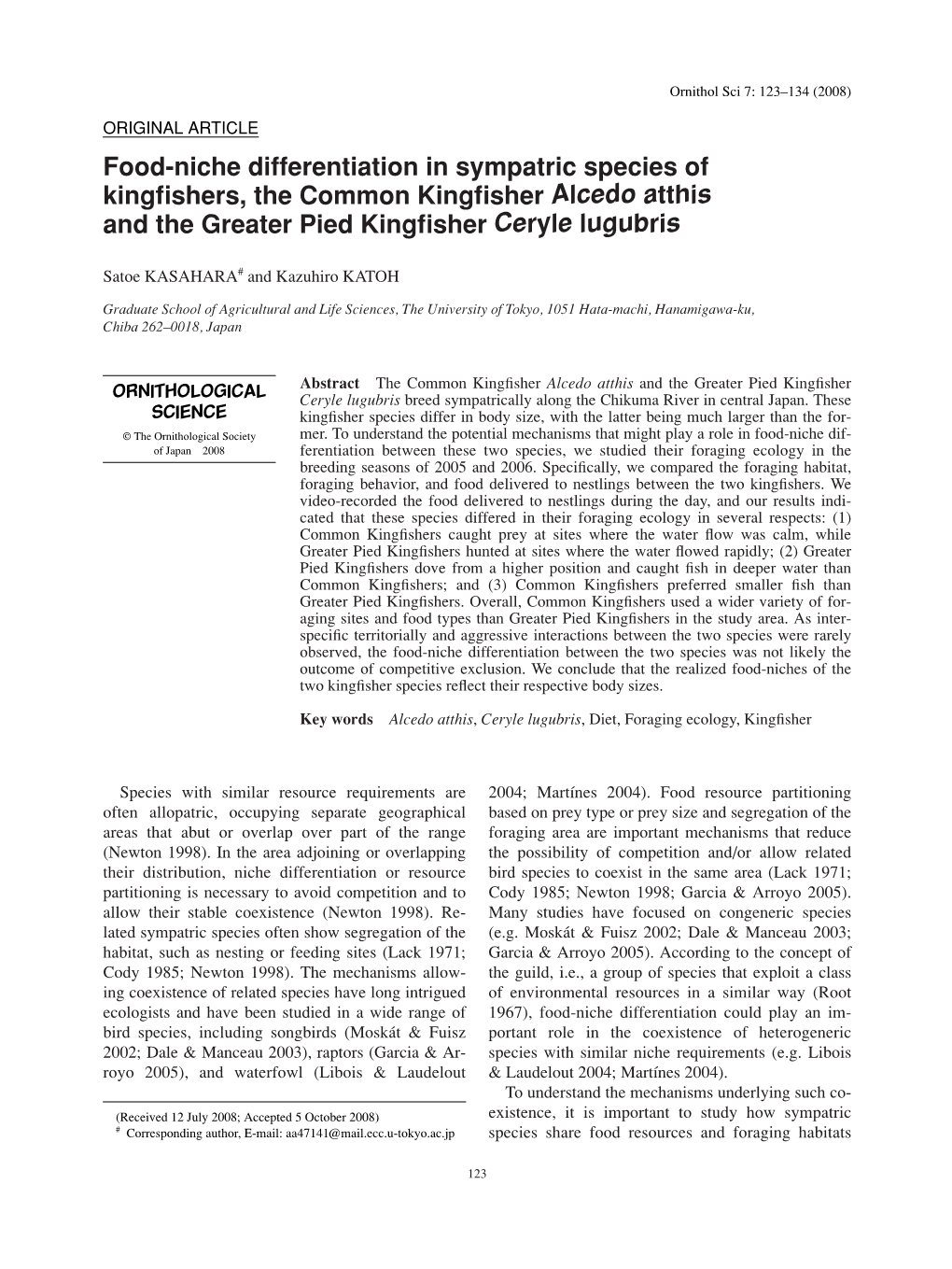 Food-Niche Differentiation in Sympatric Species of Kingfishers, The