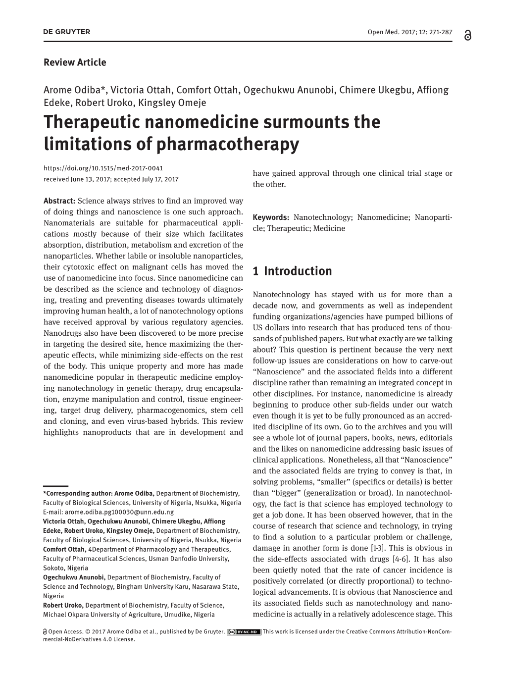 Therapeutic Nanomedicine Surmounts the Limitations of Pharmacotherapy