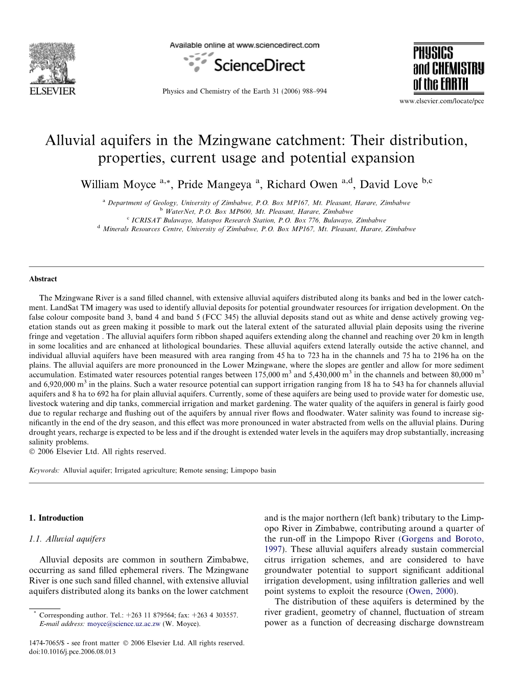 Alluvial Aquifers in the Mzingwane Catchment: Their Distribution, Properties, Current Usage and Potential Expansion
