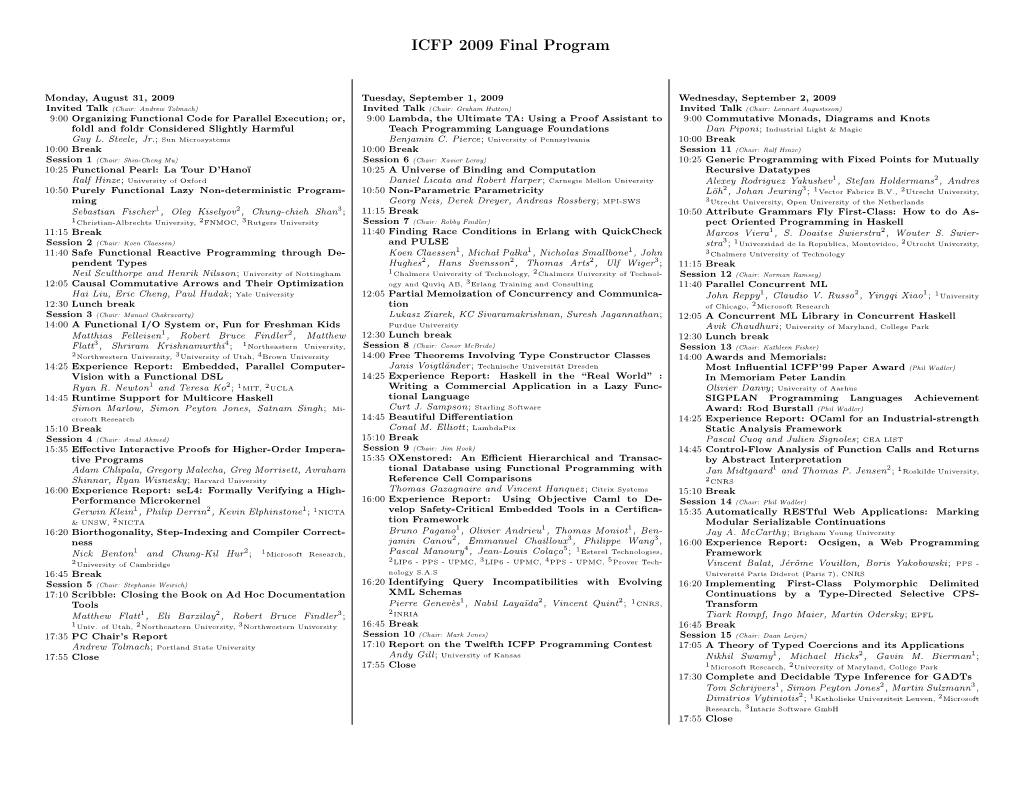 ICFP 2009 Final Program