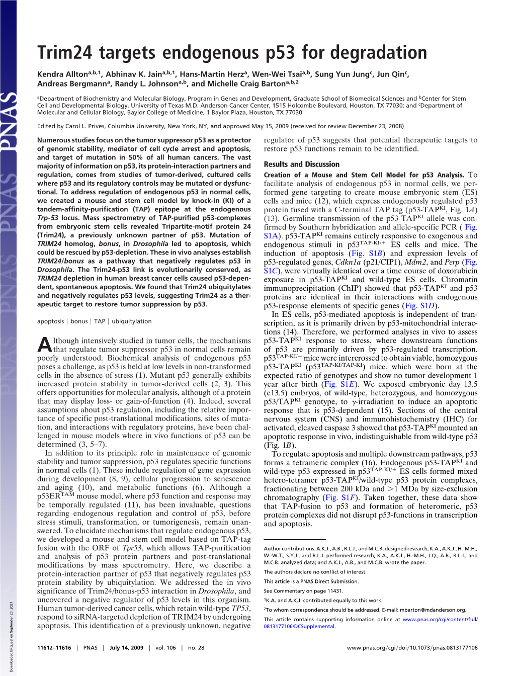 Trim24 Targets Endogenous P53 for Degradation