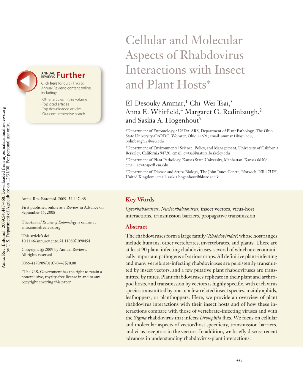 Cellular and Molecular Aspects of Rhabdovirus Interactions with Insect and Plant Hosts∗