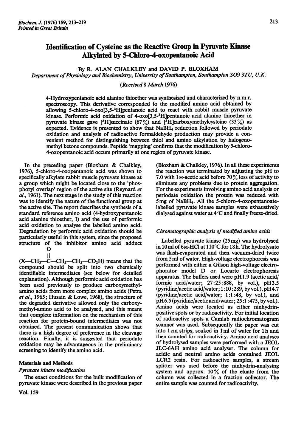 Identification of Cysteine As the Reactive Group in Pyruvate Kinase Alkylated by 5-Chloro4.Oxopentanoic Acid by R