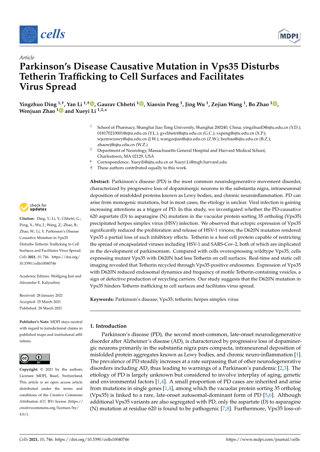 Parkinson's Disease Causative Mutation in Vps35 Disturbs Tetherin