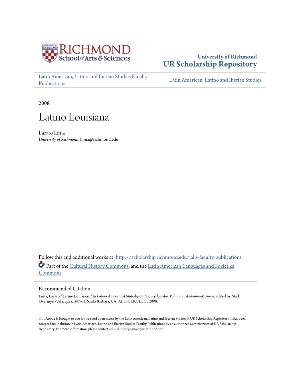 Latino Louisiana Laź Aro Lima University of Richmond, Llima@Richmond.Edu