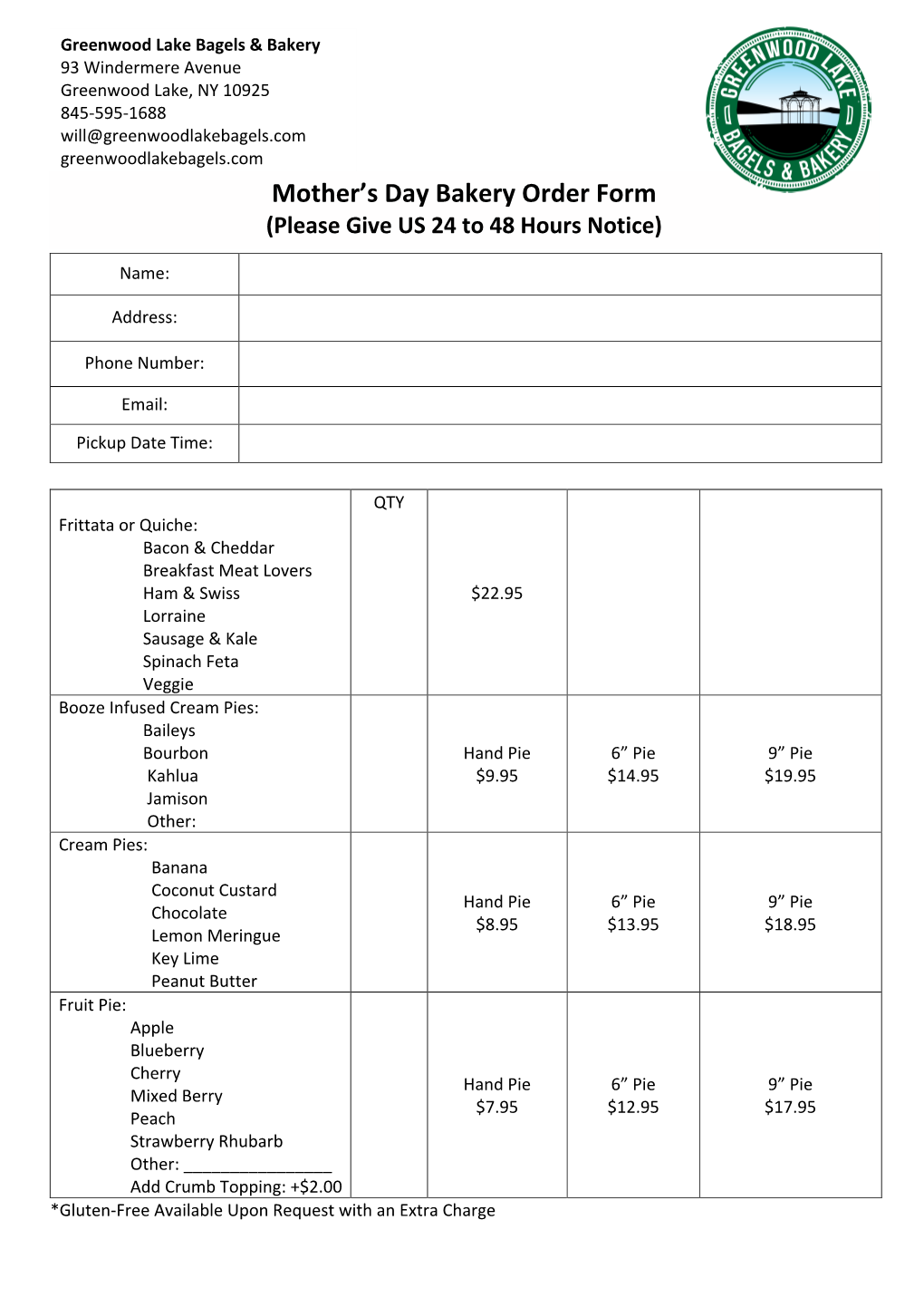 Mother's Day Bakery Order Form