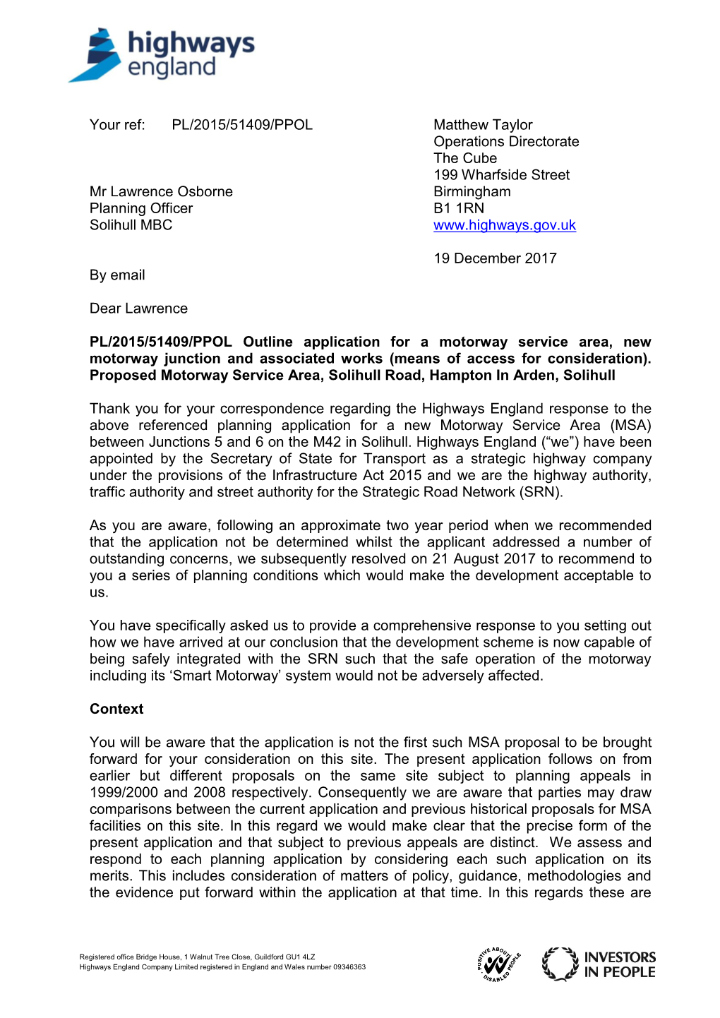 Your Ref: PL/2015/51409/PPOL Mr Lawrence Osborne Planning Officer Solihull MBC by Email Matthew Taylor Operations Directorate