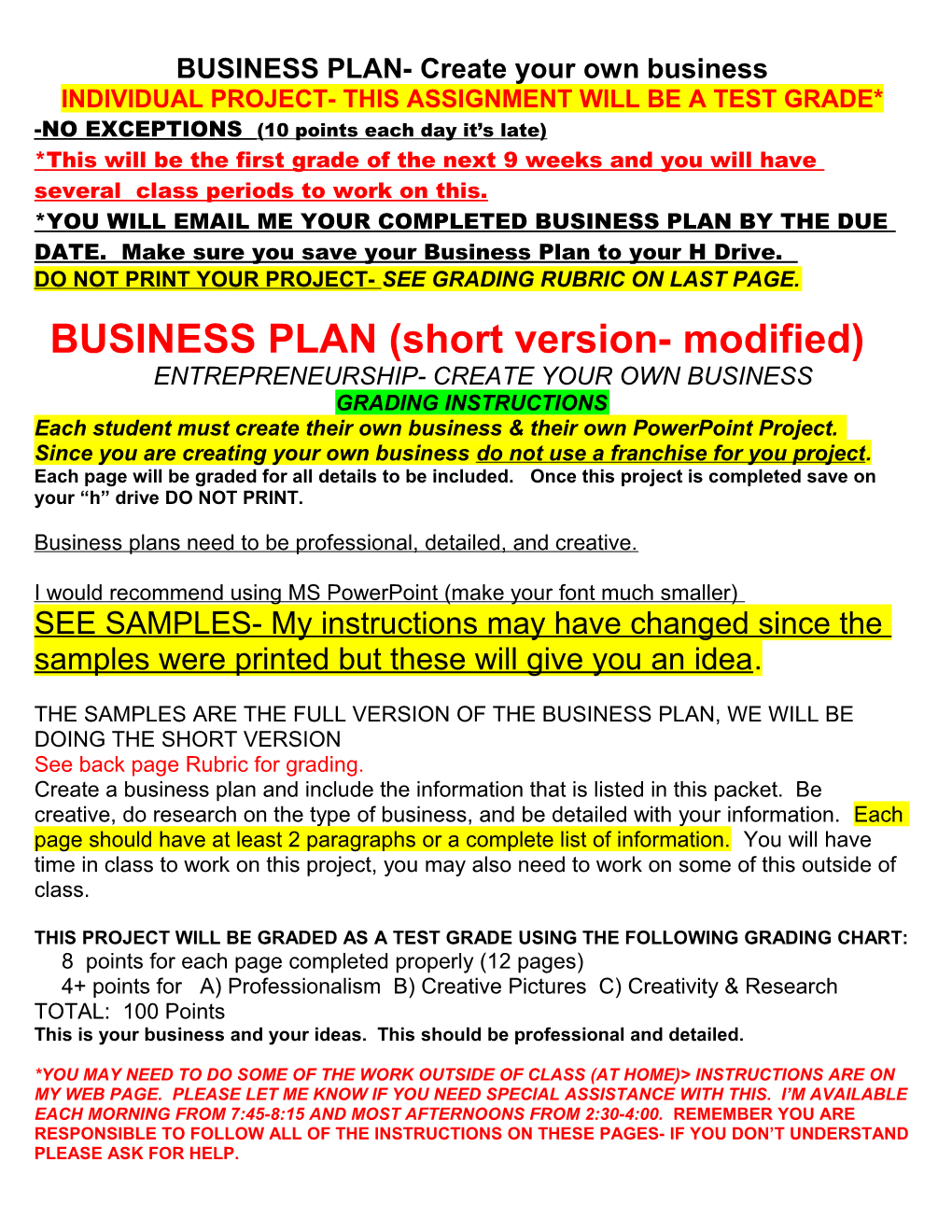 BUSINESS PLAN- Create Your Own Business