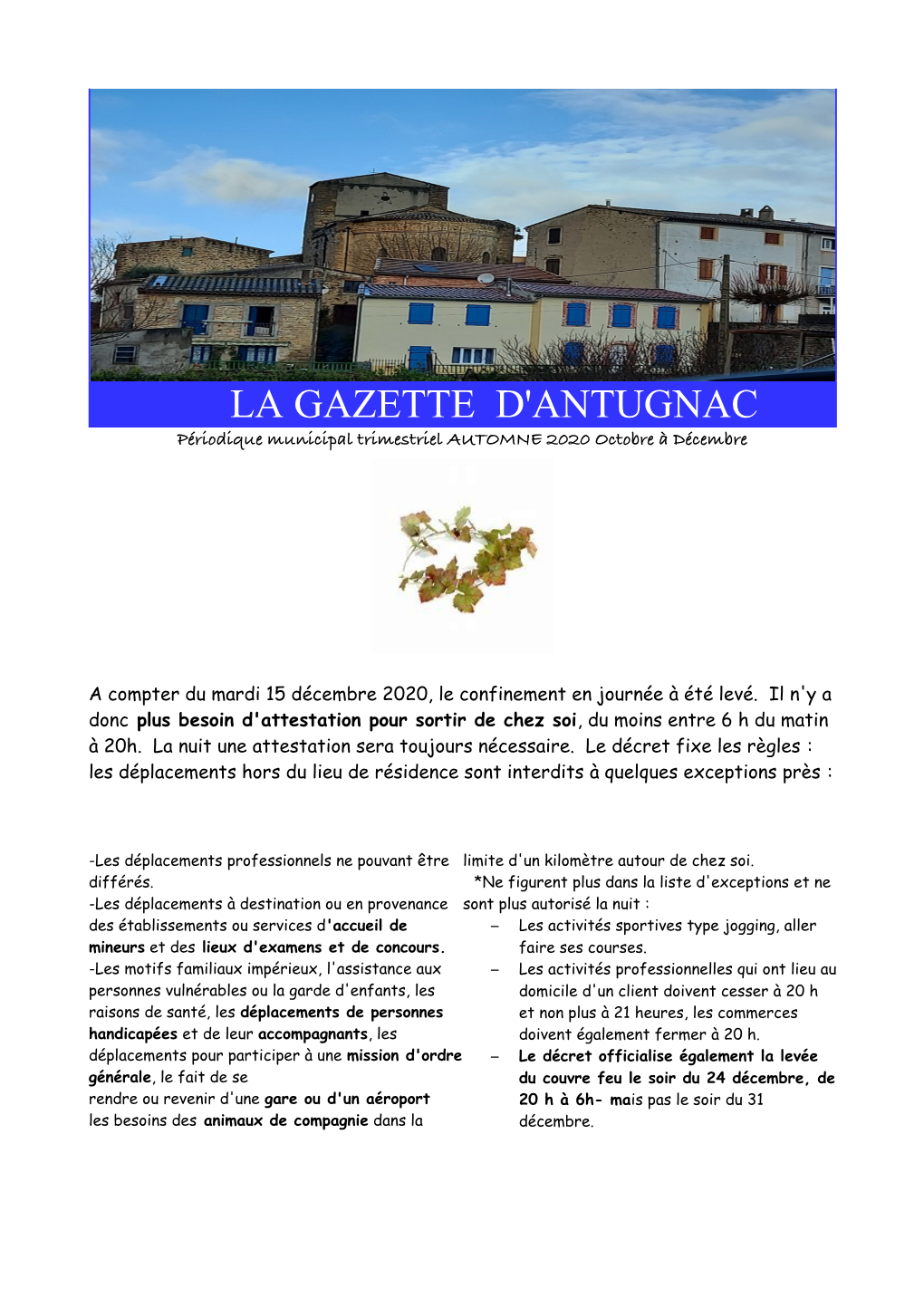 LA GAZETTE D'antugnac Périodique Municipal Trimestriel AUTOMNE 2020 Octobre À Décembre