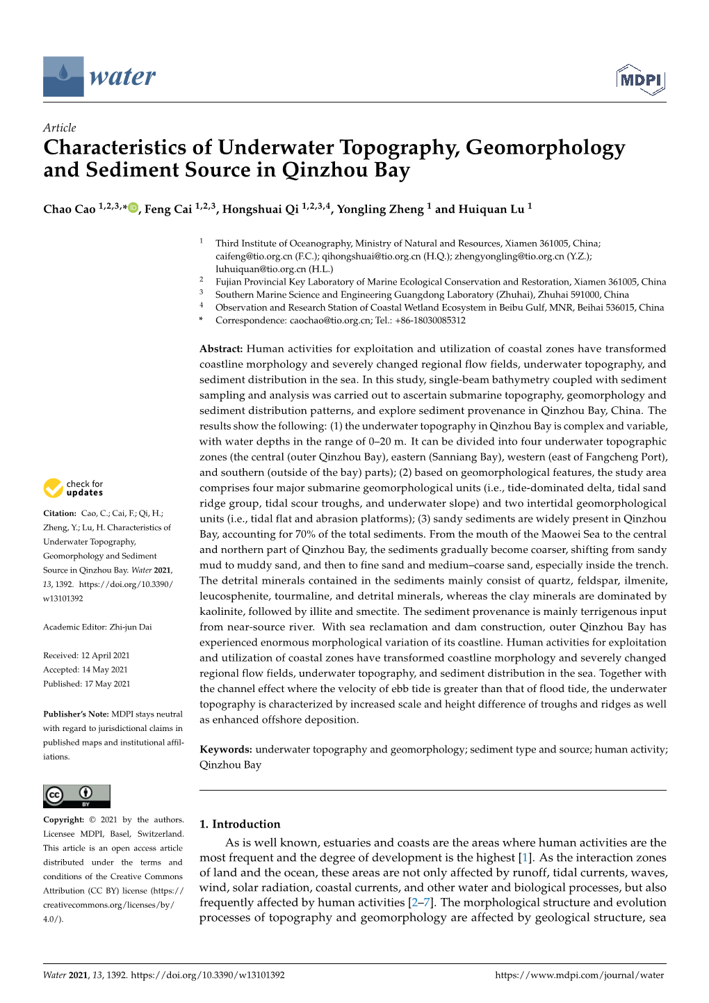 Characteristics of Underwater Topography, Geomorphology and Sediment Source in Qinzhou Bay