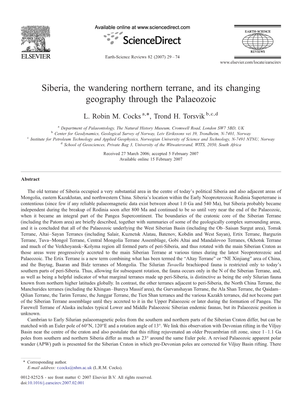 Siberia, the Wandering Northern Terrane, and Its Changing Geography Through the Palaeozoic ⁎ L