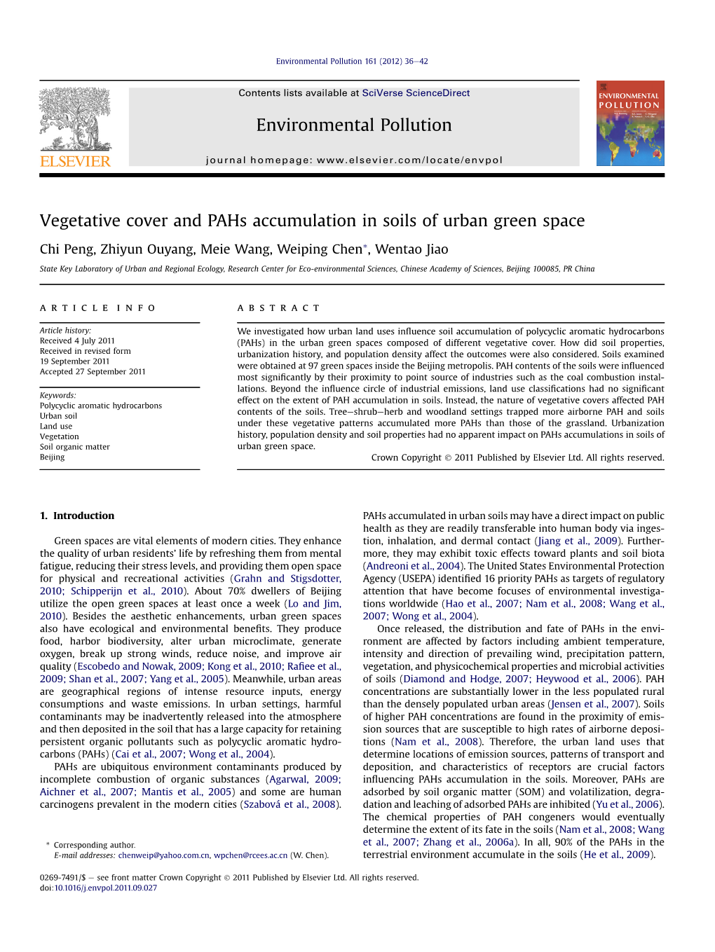 Vegetative Cover and Pahs Accumulation in Soils of Urban Green Space