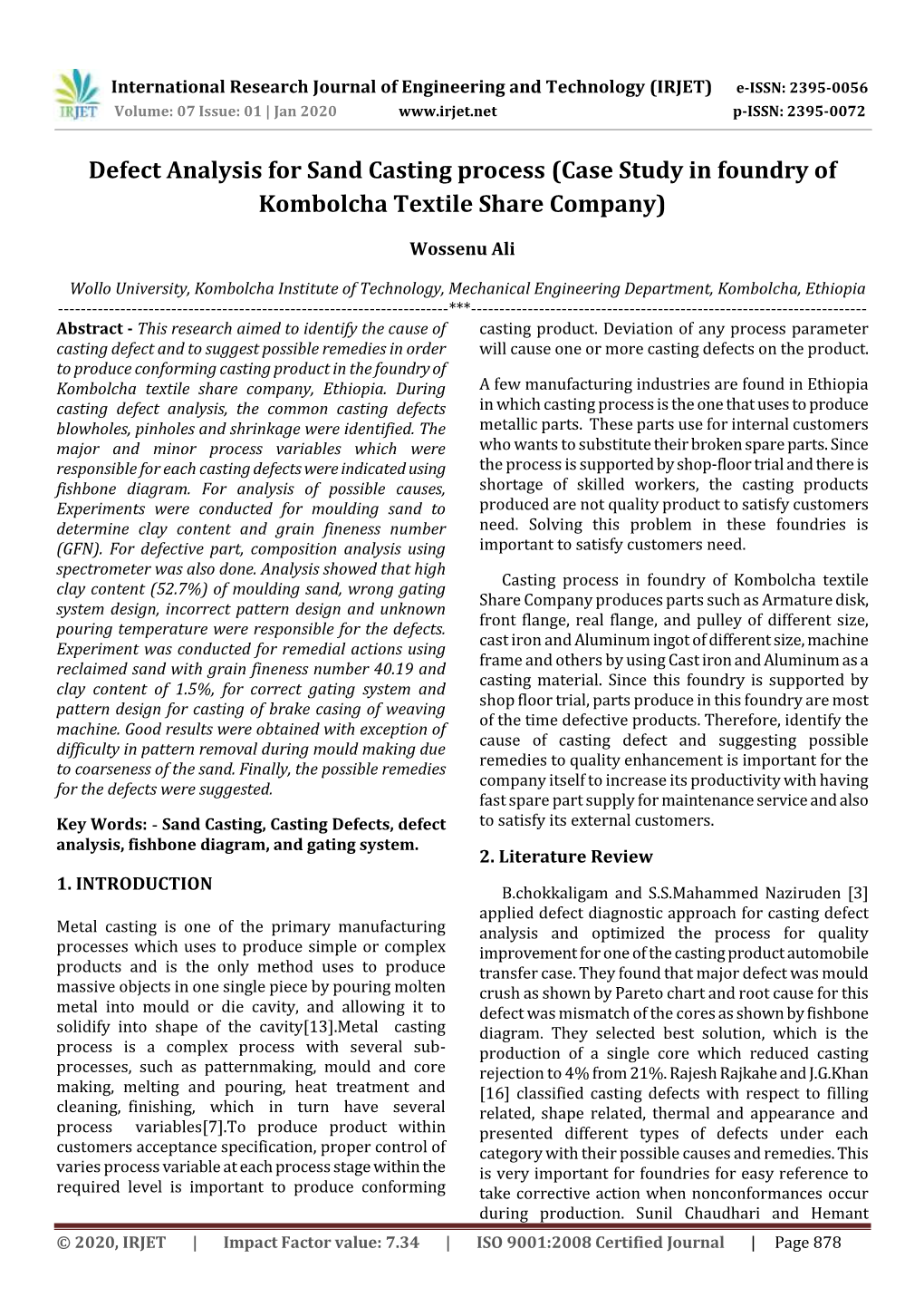 Defect Analysis for Sand Casting Process (Case Study in Foundry of Kombolcha Textile Share Company)