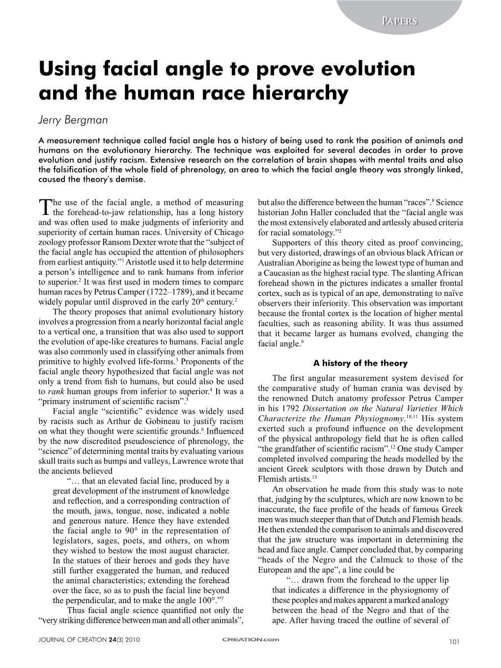 Using Facial Angle to Prove Evolution and the Human Race Hierarchy Jerry Bergman