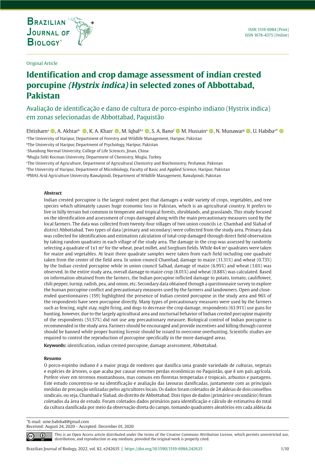 Identification and Crop Damage Assessment of Indian Crested Porcupine (Hystrix Indica) in Selected Zones of Abbottabad, Pakistan