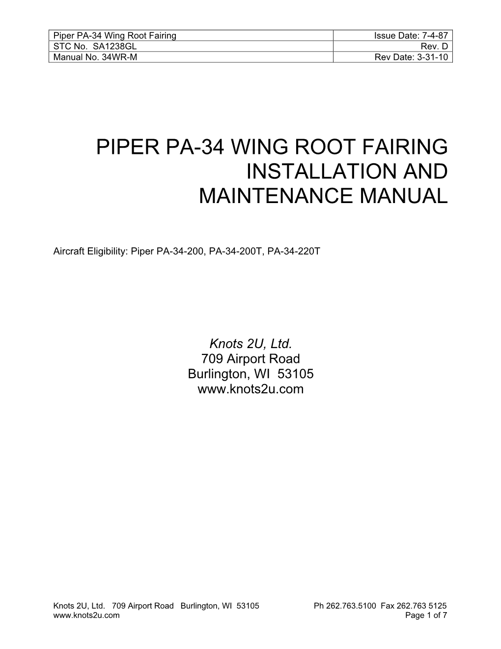 Piper Pa-34 Wing Root Fairing Installation and Maintenance Manual
