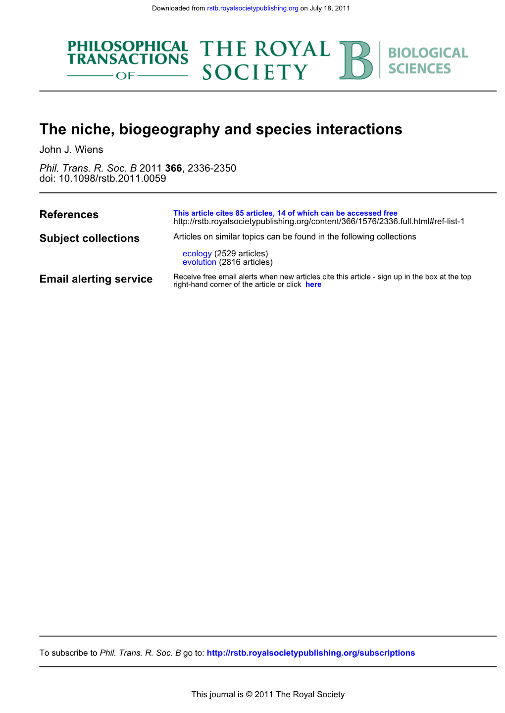 The Niche, Biogeography and Species Interactions