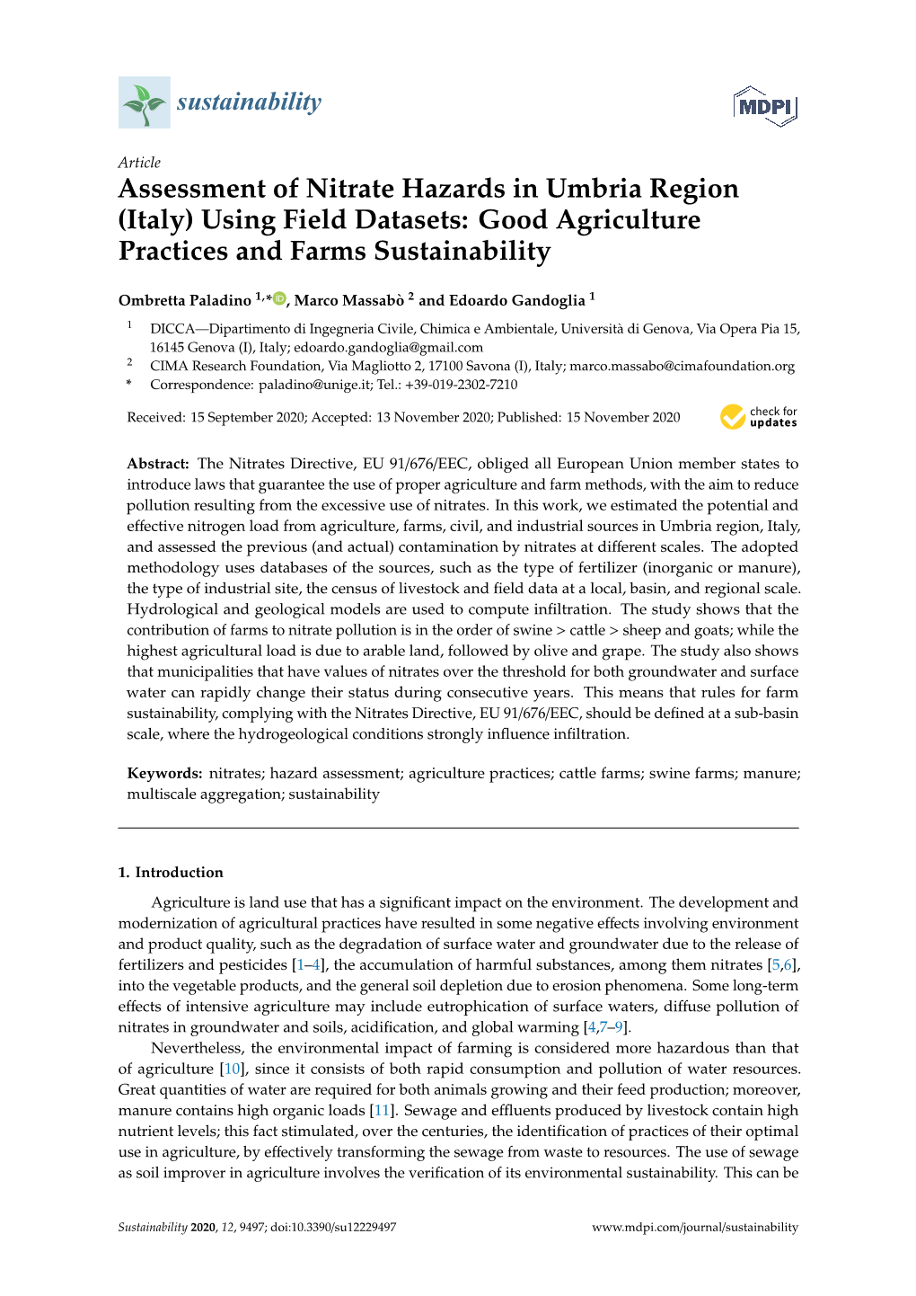 Assessment of Nitrate Hazards in Umbria Region (Italy) Using Field Datasets: Good Agriculture Practices and Farms Sustainability