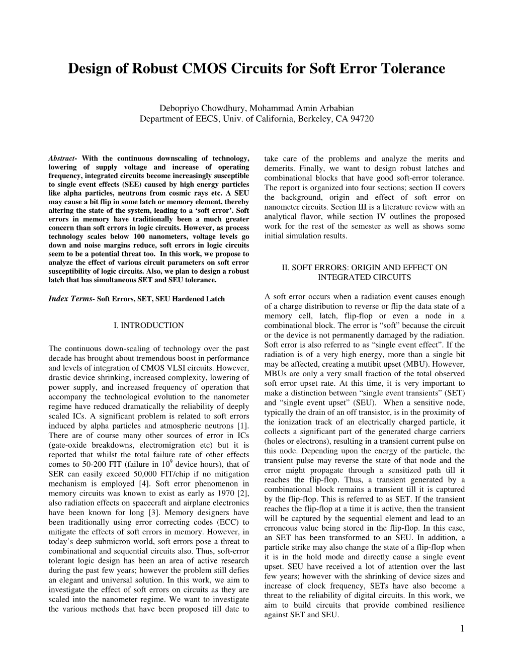 Design of Robust CMOS Circuits for Soft Error Tolerance