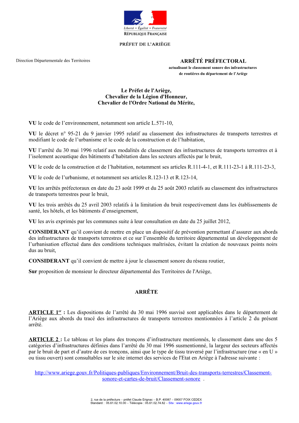 ARRÊTÉ PRÉFECTORAL Le Préfet De L'ariège, Chevalier De La Légion