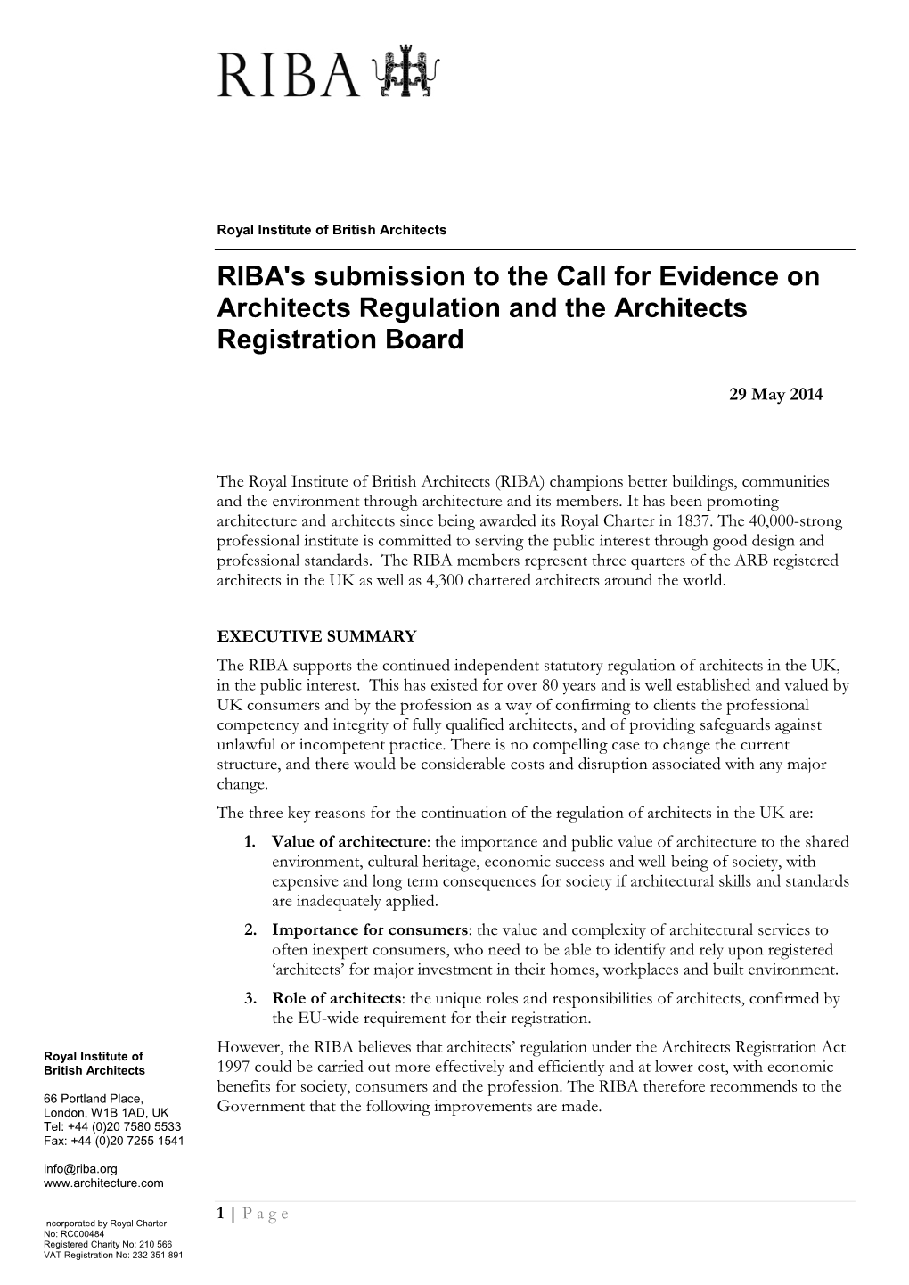 RIBA's Submission to the Call for Evidence on Architects Regulation and the Architects Registration Board