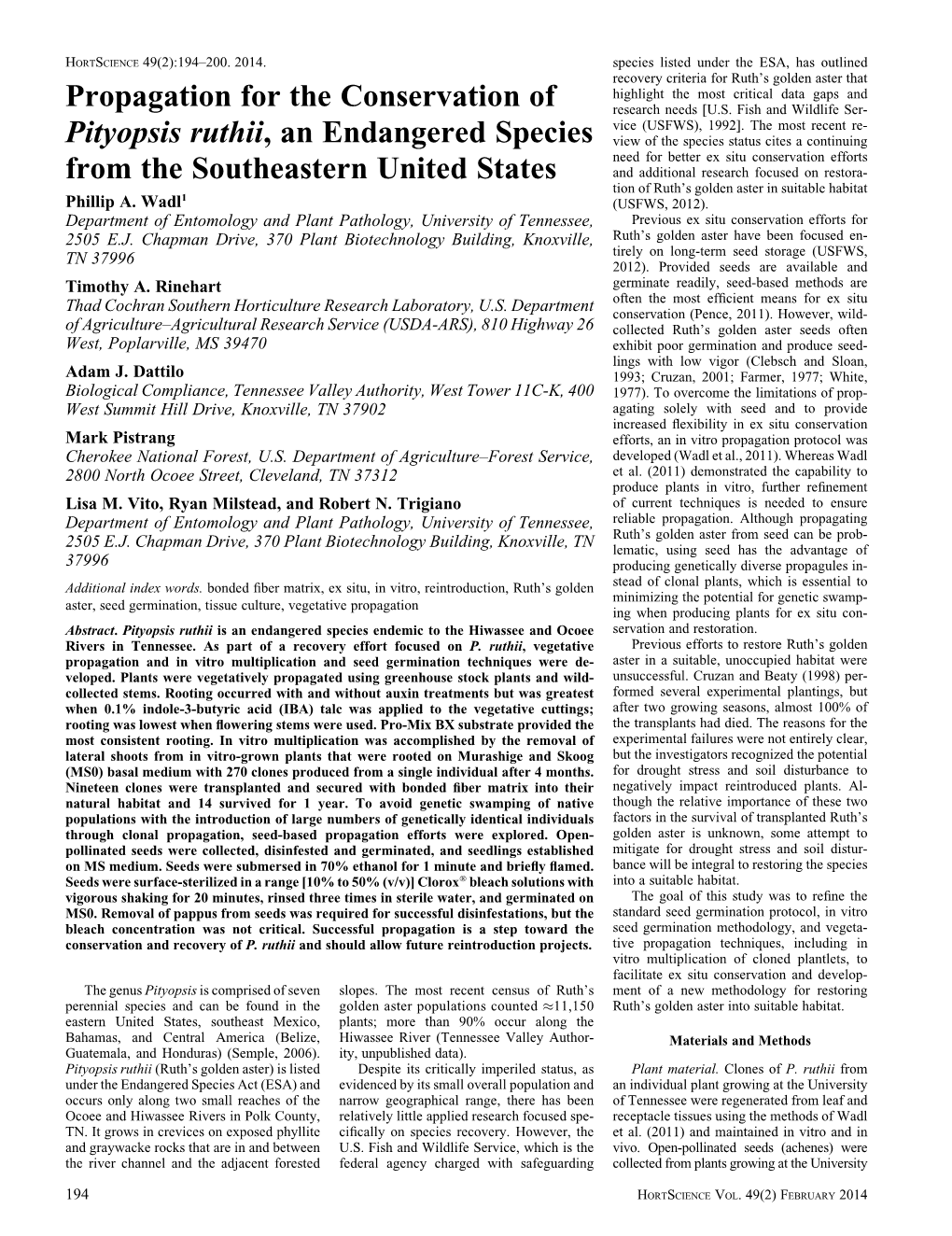 Propagation for the Conservation of Pityopsis Ruthii, an Endangered