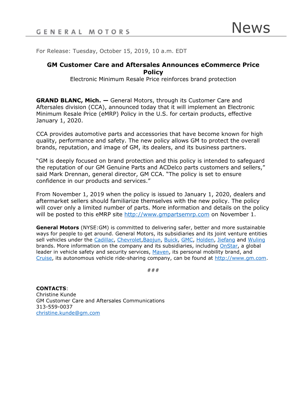 GM Customer Care and Aftersales Announces Ecommerce Price Policy Electronic Minimum Resale Price Reinforces Brand Protection