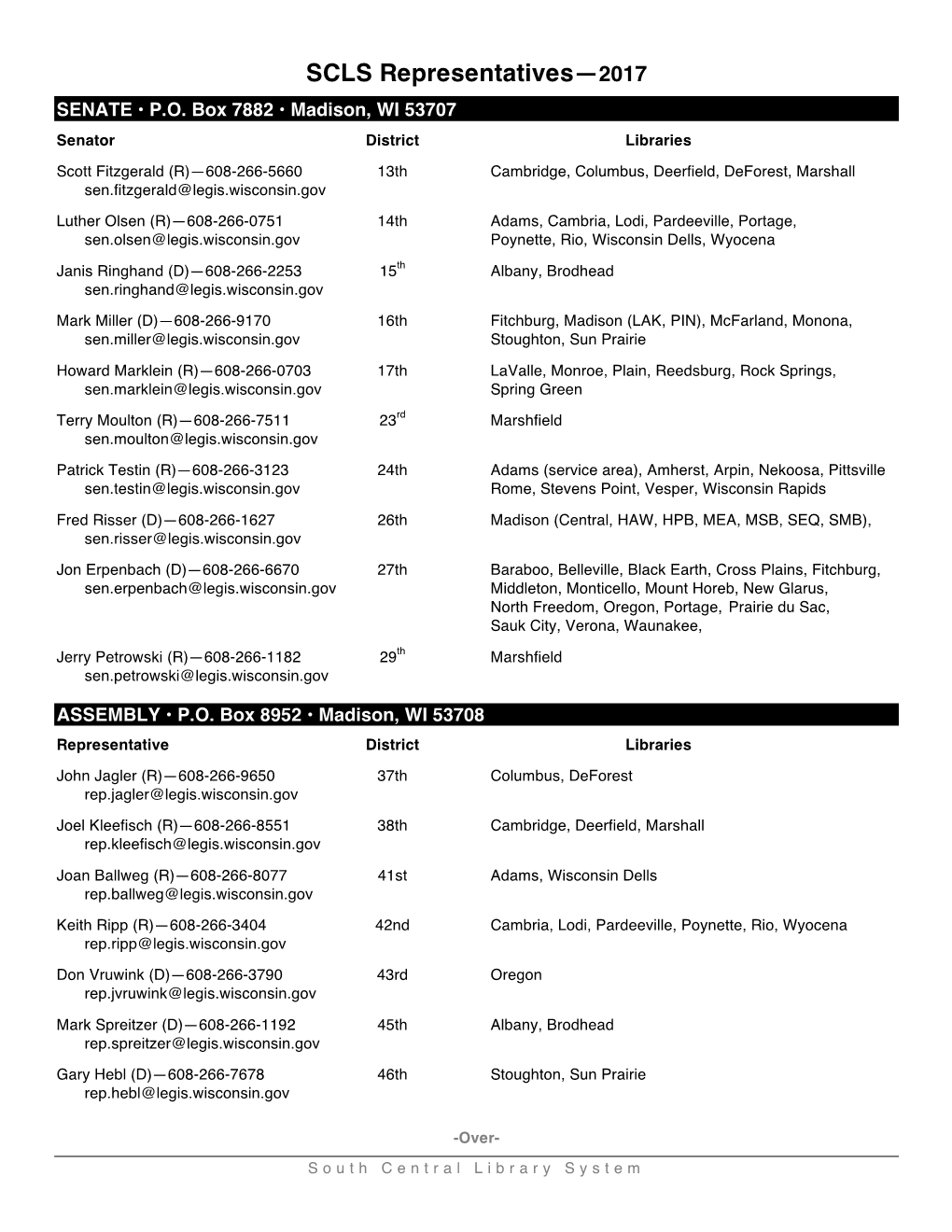 SCLS Representatives—2017 SENATE • P.O
