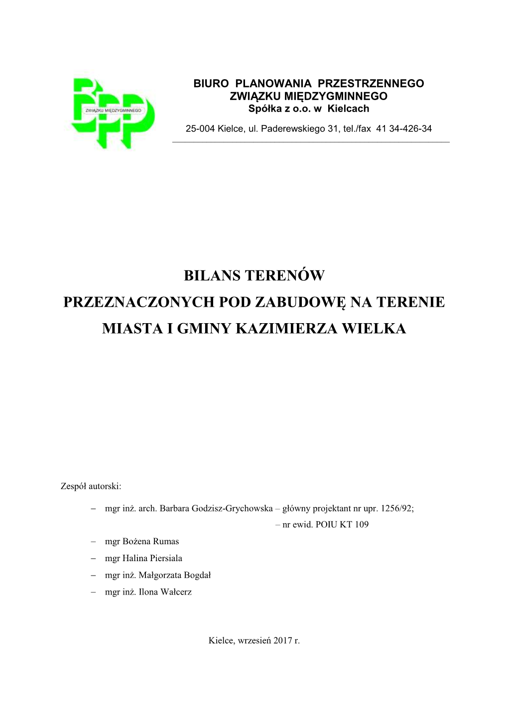 Bilans Terenów Przeznaczonych Pod Zabudowę Na Terenie Miasta I Gminy Kazimierza Wielka