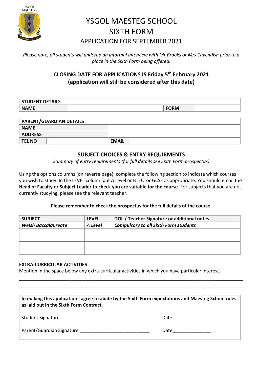 Ysgol Maesteg School Sixth Form Application for September 2021