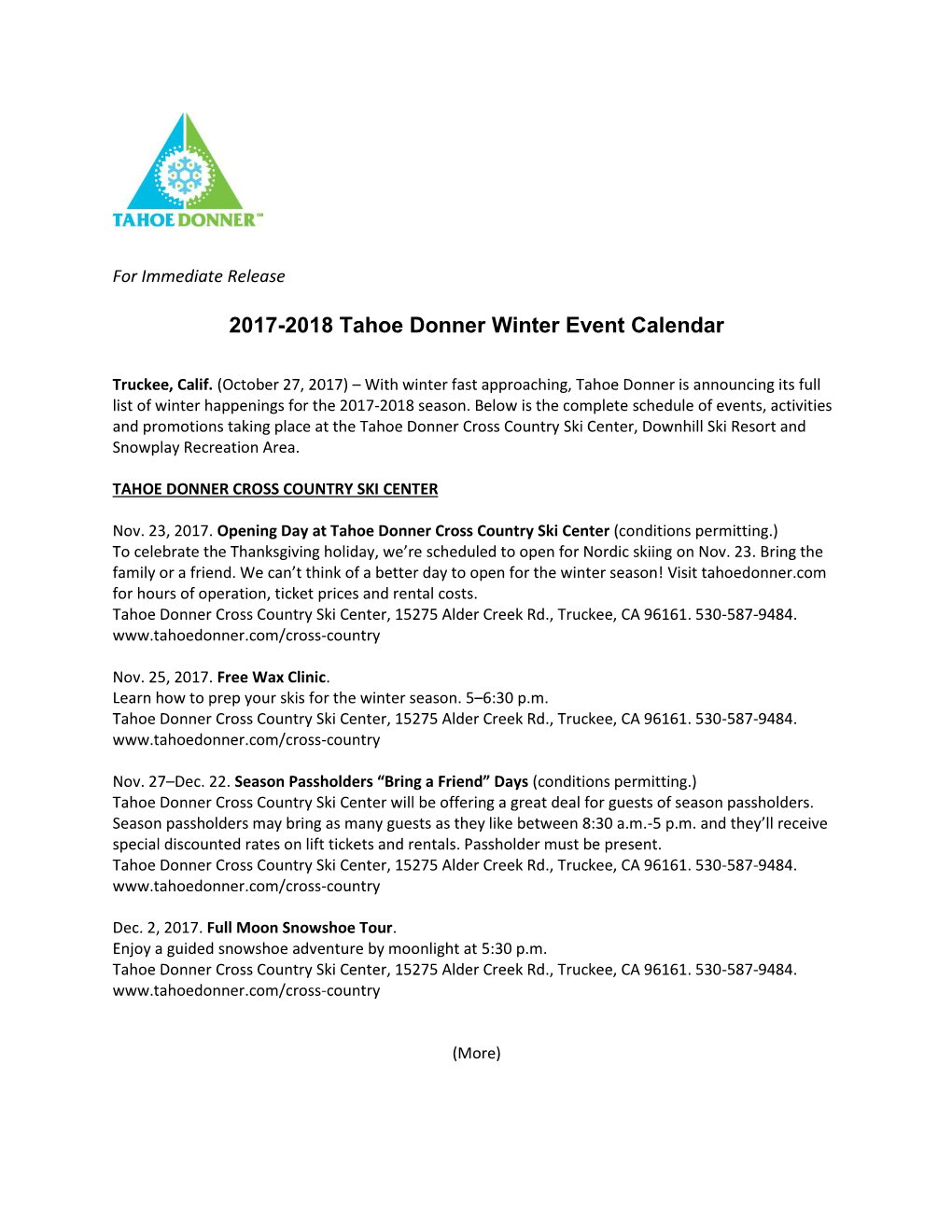 2017-2018 Tahoe Donner Winter Event Calendar