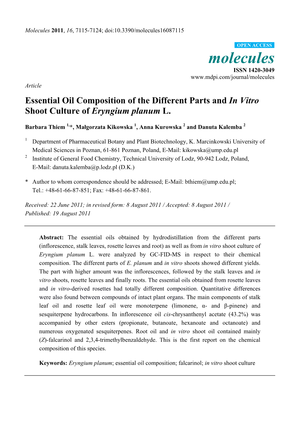 Essential Oil Composition of the Different Parts and in Vitro Shoot Culture of Eryngium Planum L