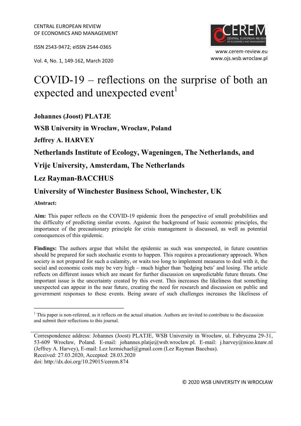 COVID-19 – Reflections on the Surprise of Both an Expected and Unexpected Event1