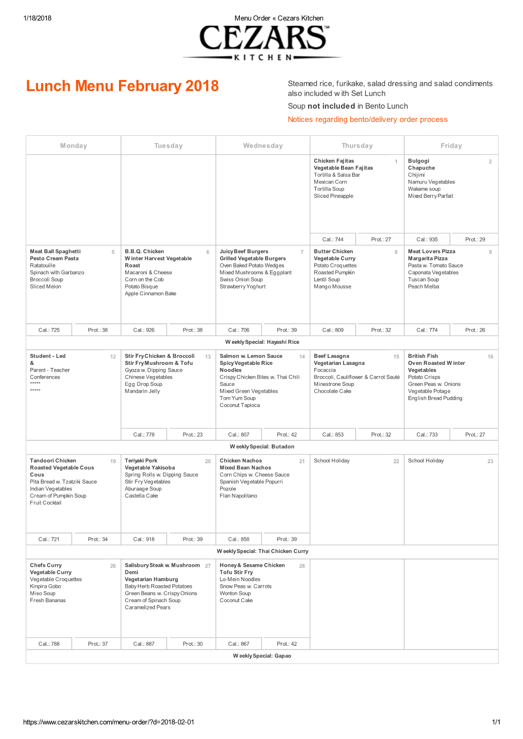 Lunch Menu February 2018 Also Included W Ith Set Lunch Soup Not Included in Bento Lunch Notices Regarding Bento/Delivery Order Process