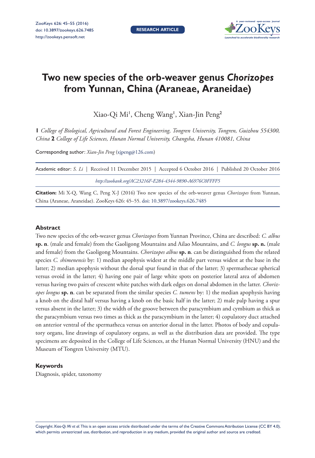 ﻿Two New Species of the Orb-Weaver Genus Chorizopes from Yunnan