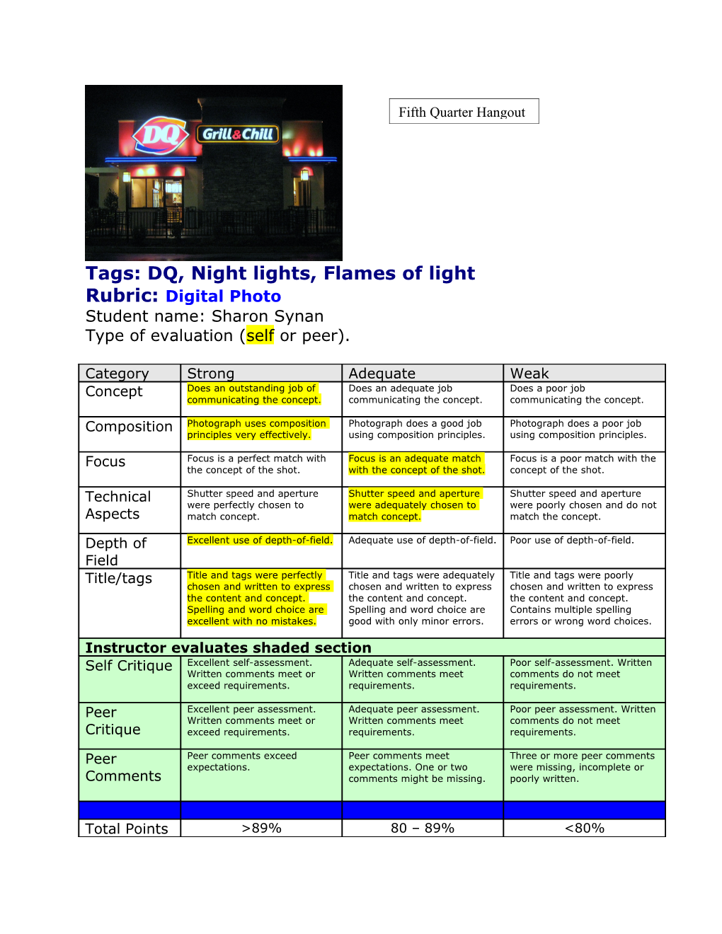 Rubric: Collaborative Lesson Plan with Photography