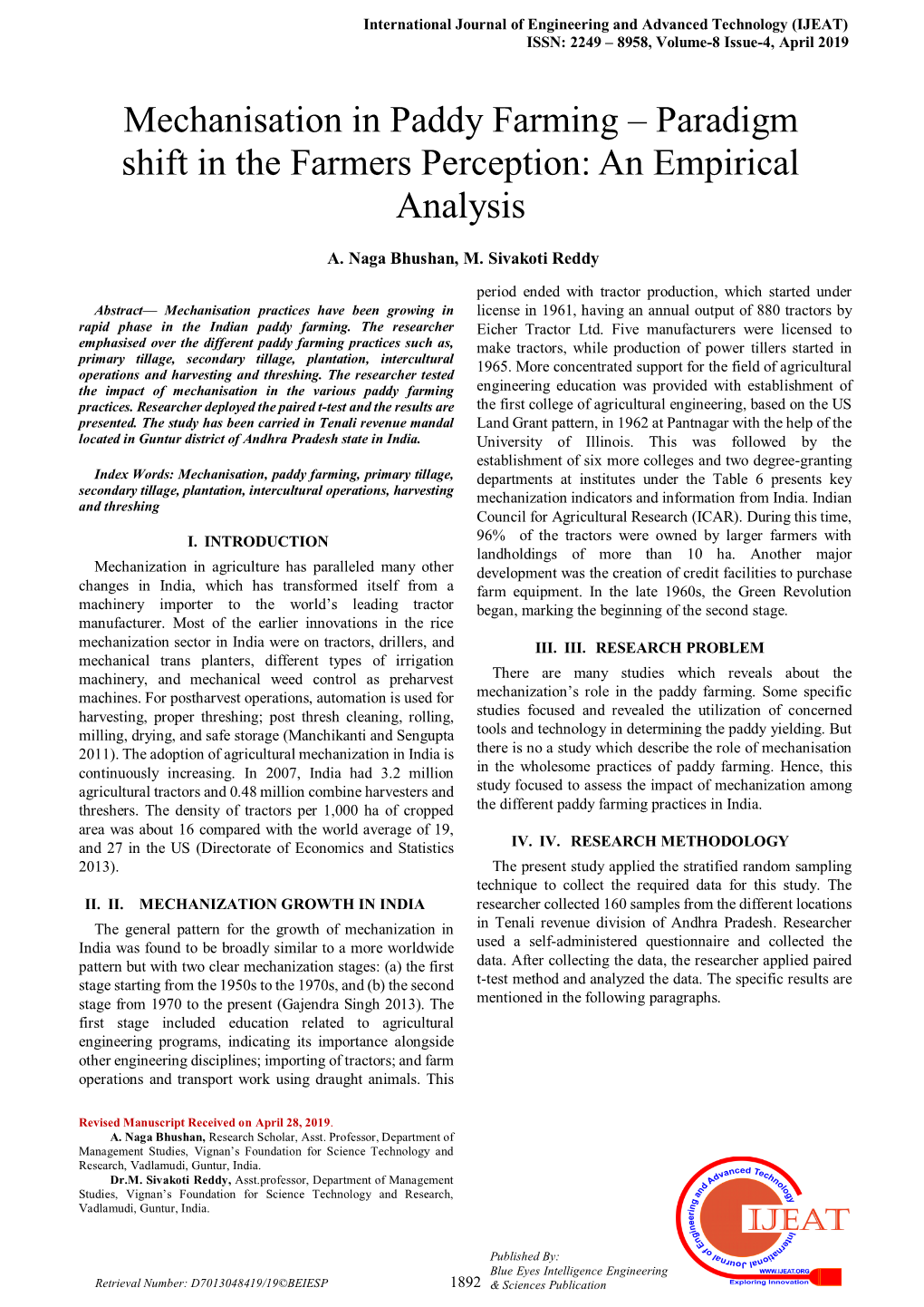 Mechanisation in Paddy Farming – Paradigm Shift in the Farmers Perception: an Empirical Analysis