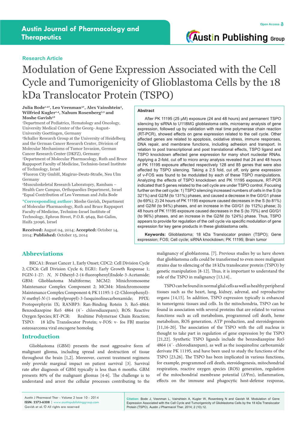 Modulation of Gene Expression Associated with the Cell Cycle and Tumorigenicity of Glioblastoma Cells by the 18 Kda Translocator Protein (TSPO)