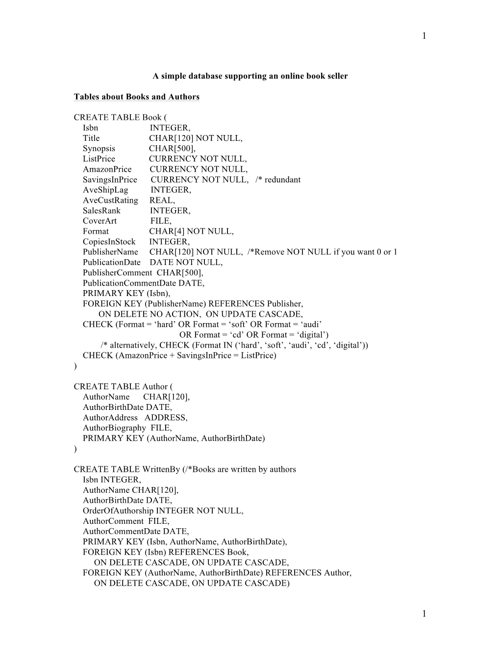 A Simple Database Supporting an Online Book Seller Tables About Books and Authors CREATE TABLE Book ( Isbn INTEGER, Title