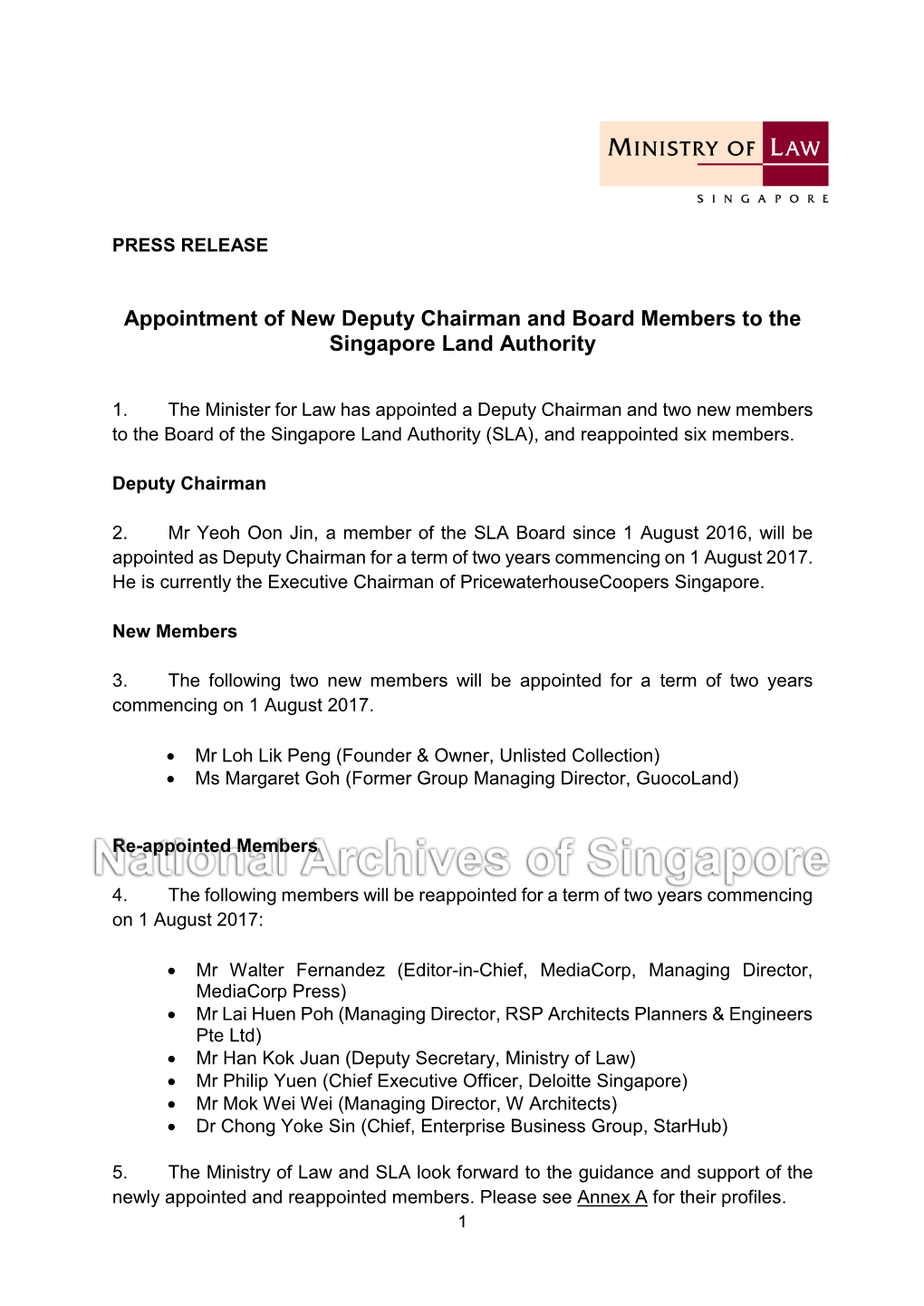 Appointment of New Deputy Chairman and Board Members to the Singapore Land Authority