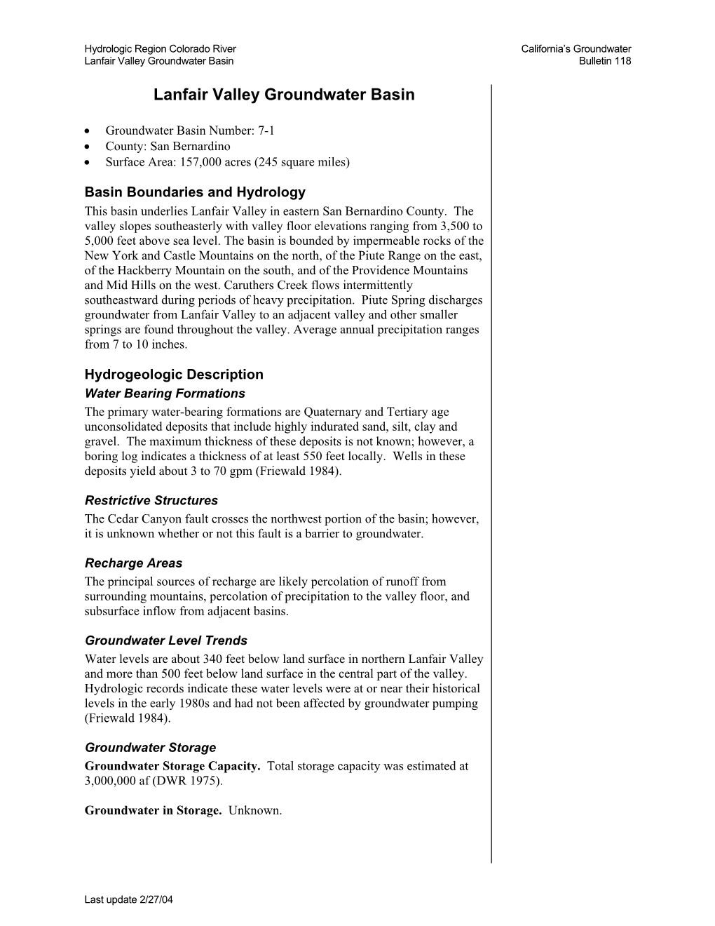 Lanfair Valley Groundwater Basin Bulletin 118