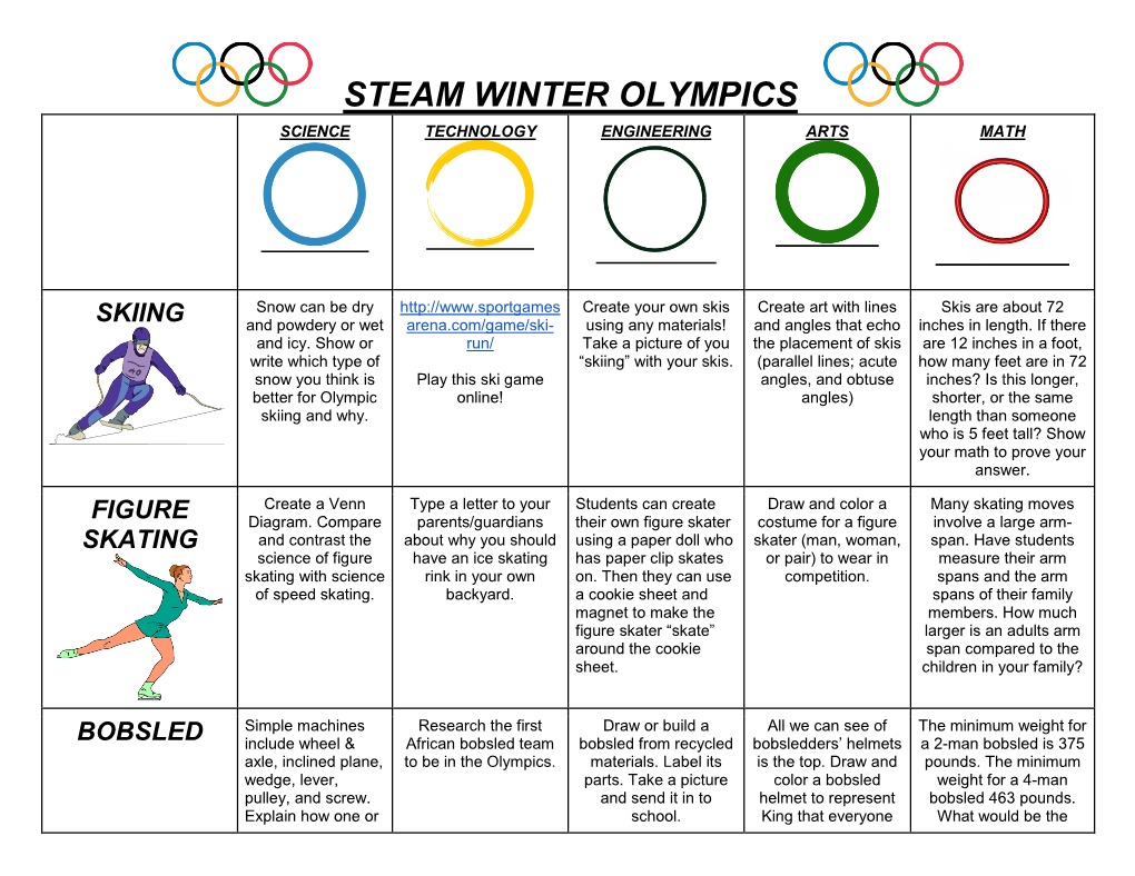 Steam Winter Olympics Science Technology Engineering Arts Math