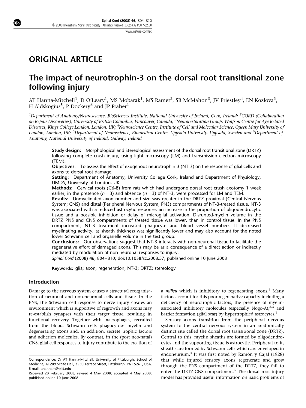 The Impact of Neurotrophin-3 on the Dorsal Root Transitional Zone Following Injury