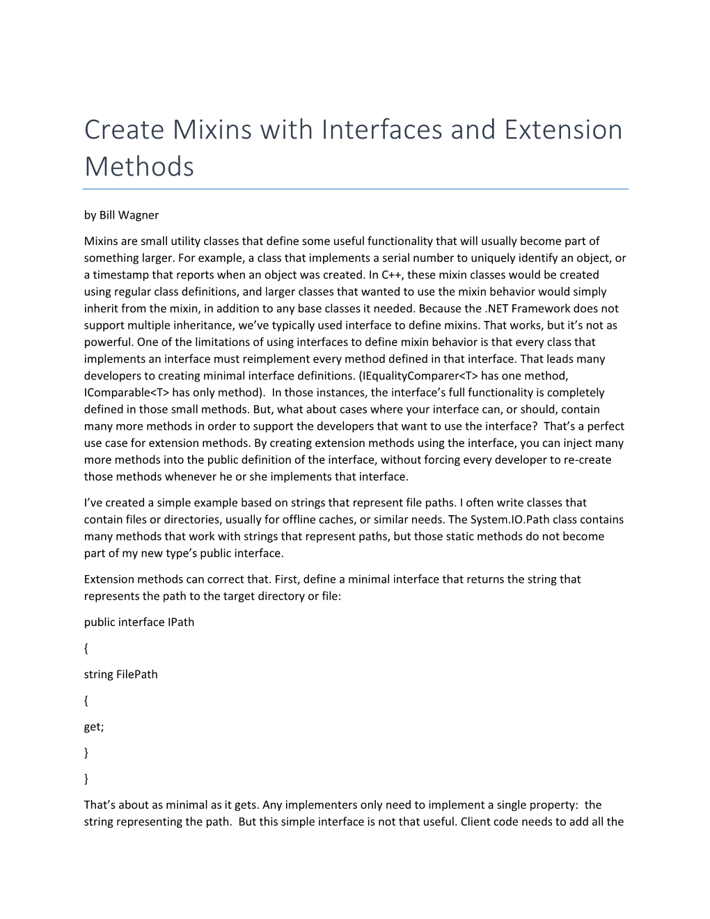 Create Mixins with Interfaces and Extension Methods by Bill Wagner